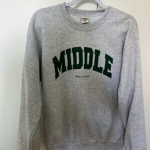 Gray and Green Crew Neck Sweater with Collegiate Print